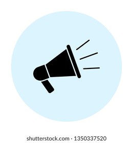 black megaphone icon. vector audio, music, voice, sound symbol in blue circle on white background. eps 10