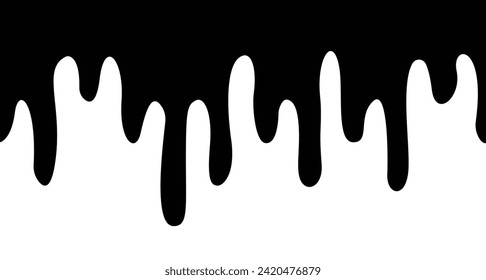 Schwarzer Melt Dripping, Liquid Paint Drops nahtlose geschmolzene Tropfflüssigkeit einzeln auf weißem Hintergrund. Das Konzept des Blasen, Verschütten, Tropfen, Spritzen, Leck.	