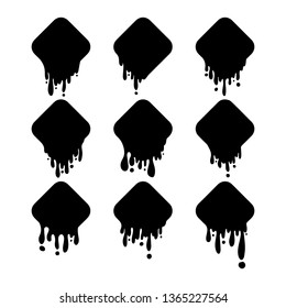 Black melt drips or liquid paint drops isolated on transparent background. Vector oil leak splash or chocolate syrup for graffiti splatter rhombus