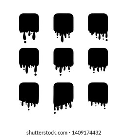 Black melt drips or liquid paint drops isolated on transparent background. Vector oil leak splash or chocolate syrup for graffiti splatter square