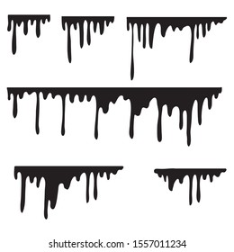 Black melt drips or liquid paint drops. Vector graffiti splatter splash or chocolate syrup and oil leak borders with hand made style vector