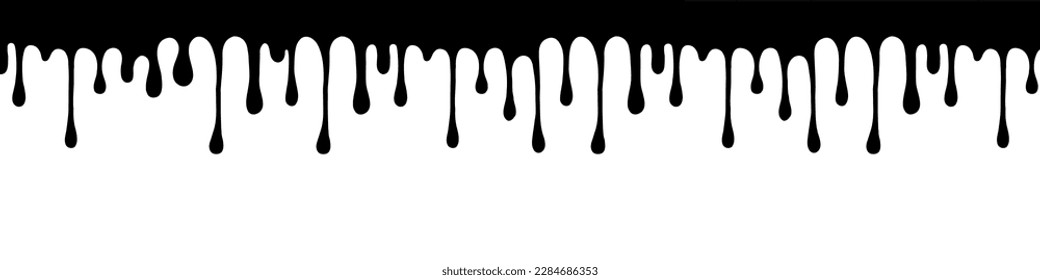 Black melt drips, liquid paint drops. Isolated melted dripping liquid on background. Flowing, spilled, drop. Dripping paint. Vector illustration EPS 10