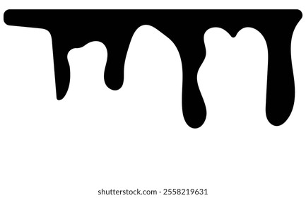 Black Melt Drips, Liquid Paint Drops seamless element vector. Isolated melted dripping liquid on background. Flowing, spilled, drop, splash, leak concept. Vector illustration.