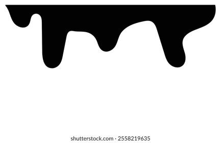 Black Melt Drips, Liquid Paint Drops seamless element vector. Isolated melted dripping liquid on background. Flowing, spilled, drop, splash, leak concept. Vector illustration.