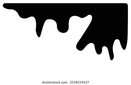 Black Melt Drips, Liquid Paint Drops seamless element vector. Isolated melted dripping liquid on background. Flowing, spilled, drop, splash, leak concept. Vector illustration.