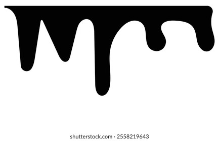 Black Melt Drips, Liquid Paint Drops seamless element vector. Isolated melted dripping liquid on background. Flowing, spilled, drop, splash, leak concept. Vector illustration.
