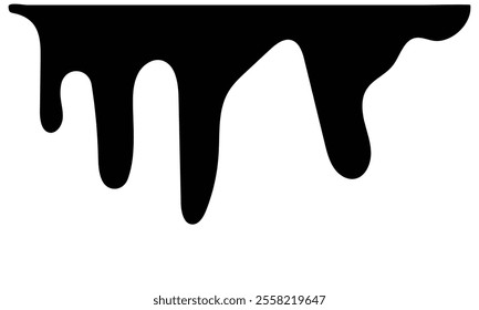 Black Melt Drips, Liquid Paint Drops seamless element vector. Isolated melted dripping liquid on background. Flowing, spilled, drop, splash, leak concept. Vector illustration.