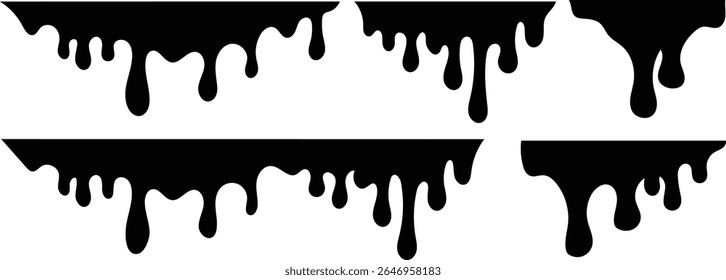 Gotas de derretimiento negro o gotas de pintura líquida. Salpicaduras de graffiti de Vector o jarabe de chocolate y bordes de fugas de aceite.