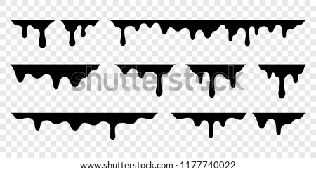 Black melt drips or liquid paint drops. Vector graffiti splatter splash or chocolate syrup and oil leak borders