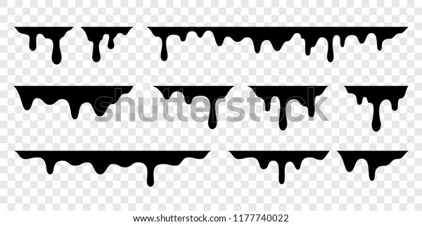 Black melt drips\
or liquid paint drops. Vector graffiti splatter splash or chocolate\
syrup and oil leak\
borders
