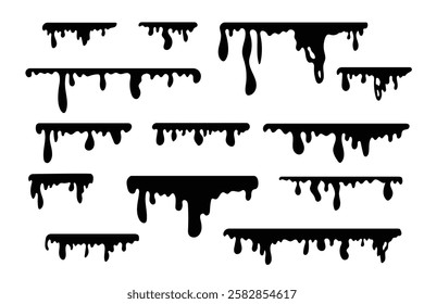Black melt drops. Flowing liquid dripping from above. Hand drawn liquid paint drops on an isolated background.