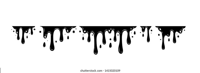 Black Melting Paint Abstract Liquid Vector Elements Isolated on White Background. Border and Drips Ink Set. Vector Illustrations.
