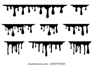 Black Melting Paint Abstract Liquid Vector Elements Isolated on White Background. Set melting drops, milk, liquid caramel, honey and chocolate. Vector