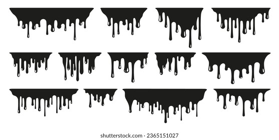 Pintura de fusión negra. Rasgo de salpicadura y pinceladas de roce con manchas y roces, sucios iconos de pincel de fluido. Conjunto aislado de vectores. Diferentes bordes con tinta de flujo, diseño líquido pegajoso