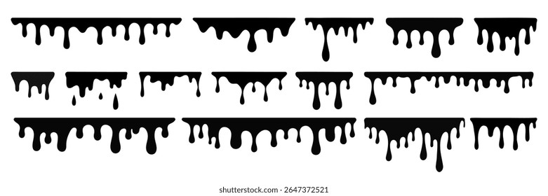 Black melting texture set. Dripping splatter and dribble brush strokes with stain and leak, dirty fluid brush icons. Vector isolated set. Different borders with flowing ink, sticky liquid design