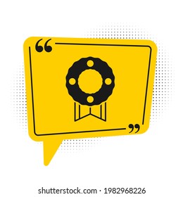 Black Memorial wreath icon isolated on white background. Funeral ceremony. Yellow speech bubble symbol. Vector