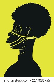 Black men african american, african silhouette avatar. Man on the side with face painting. Profile. White and black. Symbols, ethnicity. Avatar, business card. Digital graphic illustration. Sample.
