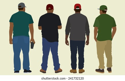 Hombres negros en gorras de béisbol vistos desde atrás