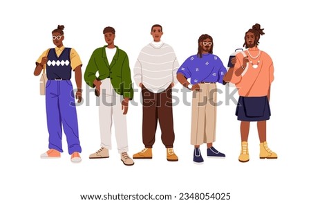 Black men, group portrait. Modern African-American people in fashion apparel, outfit. Trendy stylish guys, male characters row, standing together. Flat vector illustration isolated on white background