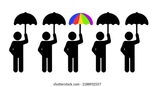 
Black men holding black umbrellas in their hands, one of them, located in the center, holds a colored headset. Individuality. A person who is different from other people. Vector illustration.