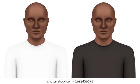 Black men model dressed in a slim-fit long-sleeve crewneck T-shirts. White and black shirt vector mockups. Realistic fashion background illustration.