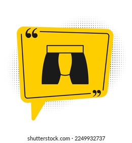 Icono de calzoncillos para hombres negros aislados en fondo blanco. Ropa interior. Símbolo amarillo de burbuja de habla. Vector