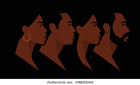 Hombres y mujeres negros. Gente hermosa juntos. Caras, mano y hombro diferentes personas negras, vista lateral, retrato. Caras humanas realistas. Ilustración vectorial moderna. Fondo negro.