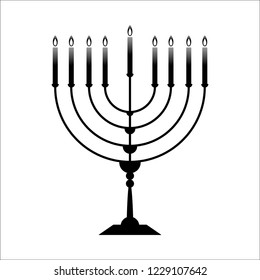 Black Menorah with nine burning candles is isolated on the white background. The flat vector illustration for Hanukkah. The concept is Religion symbol.