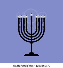 Black Menorah with nine shining candles is isolated on the blue background. Vector illustration for Hanukkah. The concept is Religion icon.