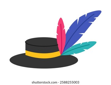 Black men's carnival hat with strip and feathers. Masquerade accessory. Headwear for Brazil carnival, Venetian carnival, Mardi Gras. Vector flat illustration isolated on white background