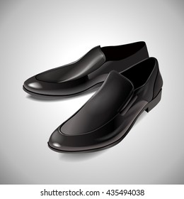 Black men's glossy patent leather shoes. Vector photorealistic illustration of a white background.