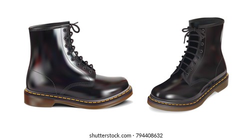 Black men's glossy patent leather boots. Vector photorealistic illustration of a white background.