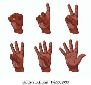 Black men's hand palm counting in gesture with fingers one, two, three, four, five, hand drawn vector illustration in dark skin color and shadow cartoon style