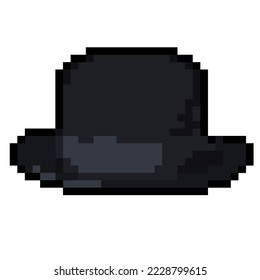 Black Men's Hat icon. Pixel art. 8-bit sprite. Sticker design. Isolated vector illustration on white background. Clothes and Accessories for Game Character.
