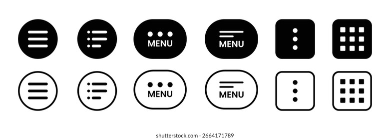 Botones de menú negro para el Sitio web. Símbolo de menú de hamburguesa.