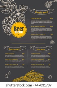 Black menu template with branches of hops, wheat for the beer bar or pub. Vector background with chalkboard and drawings in the style of engraving.