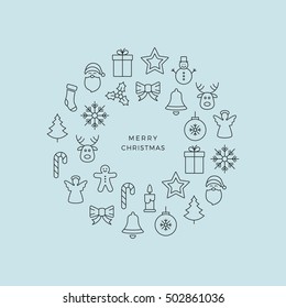 black merry christmas circle line icons blue background