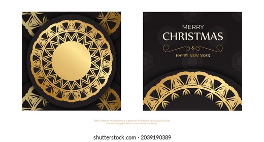 Black Merry Christmas and Happy New Year flyer template with gold ornaments.