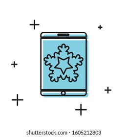 Black Merry Christmas on smartphone and snowflake icon isolated on white background. Happy New Year.  Vector Illustration