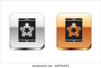 Black Merry Christmas on smartphone and snowflake icon isolated on white background. Happy New Year. Silver-gold square button. Vector Illustration