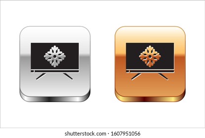 Black Merry Christmas on television and snowflake icon isolated on white background. Happy New Year. Silver-gold square button. Vector Illustration
