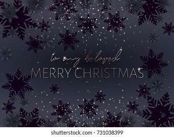 Black Merry Christmas postcard to my beloved. Gold inscription. Xmas banner. Strict style for mens. Golden glow of confetti. Proportional to A6.