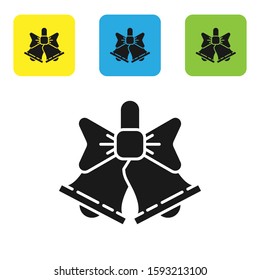 Black Merry Christmas ringing bell icon isolated on white background. Alarm symbol, service bell, handbell sign, notification. Set icons colorful square buttons. Vector Illustration