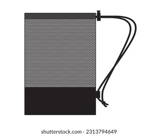 Black Mesh Drawstring Bag Template On White Background, Vector File.