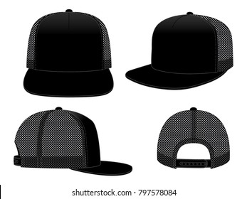 Black Mesh Hip Hop Cap with Adjustable Snap Back Strap Closure Template on White Background, Vector File.