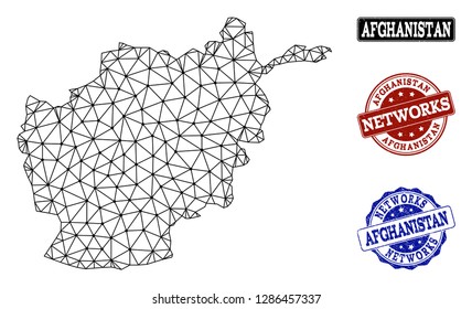 Black mesh vector map of Afghanistan isolated on a white background and scratched stamp seals for networks. Abstract lines, dots and triangles forms map of Afghanistan.