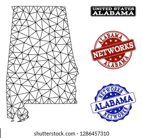 Black mesh vector map of Alabama State isolated on a white background and scratched watermarks for networks. Abstract lines, dots and triangles forms map of Alabama State.