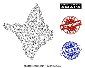 Black mesh vector map of Amapa state isolated on a white background and grunge stamp seals for networks. Abstract lines, dots and triangles forms map of Amapa state.