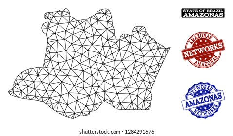 Black mesh vector map of Amazonas State isolated on a white background and scratched watermarks for networks. Abstract lines, dots and triangles forms map of Amazonas State.