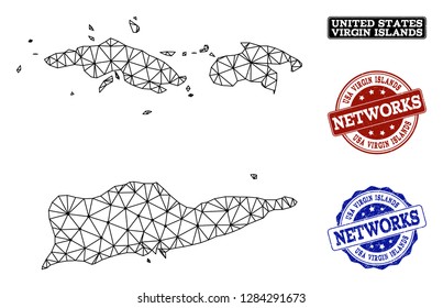 Black mesh vector map of American Virgin Islands isolated on a white background and scratched stamp seals for networks. Abstract lines, dots and triangles forms map of American Virgin Islands.
